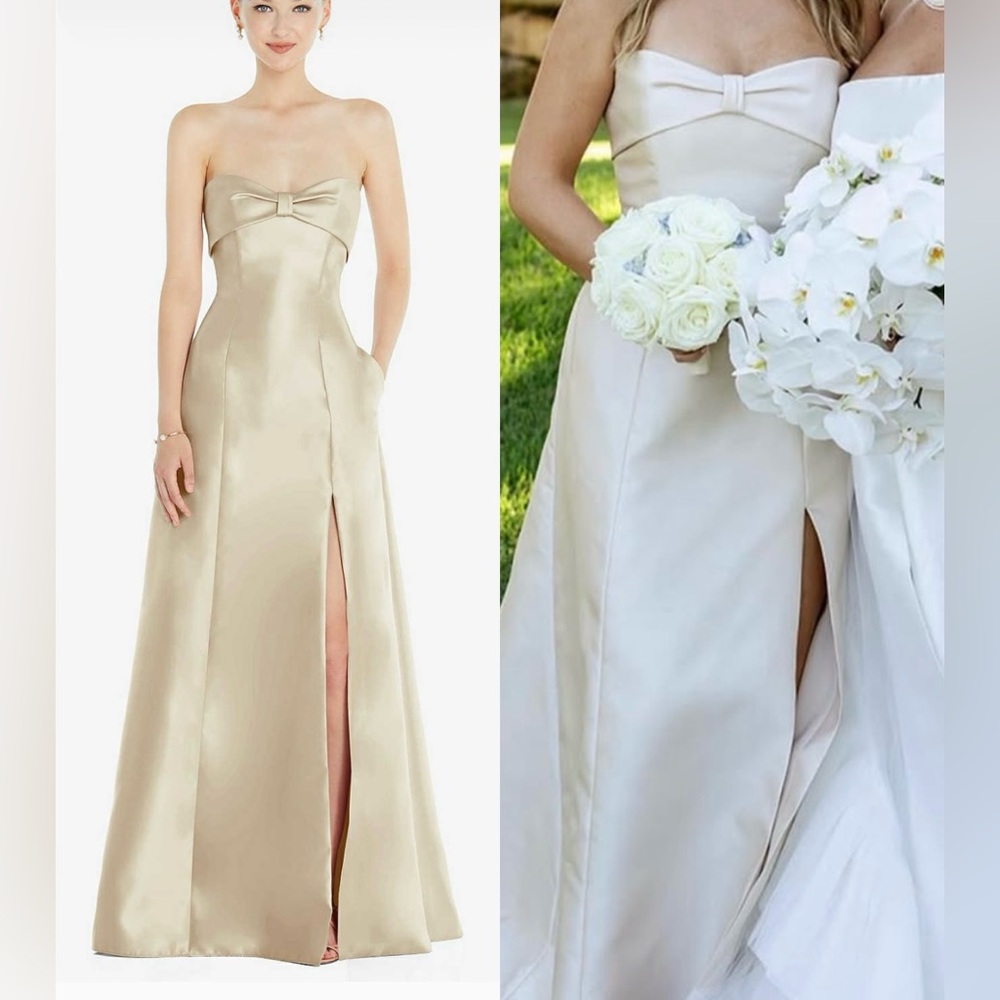 BOW CUFF STRAPLESS SATIN BALL GOWN WITH POCKETS IN CHAMPAGNE